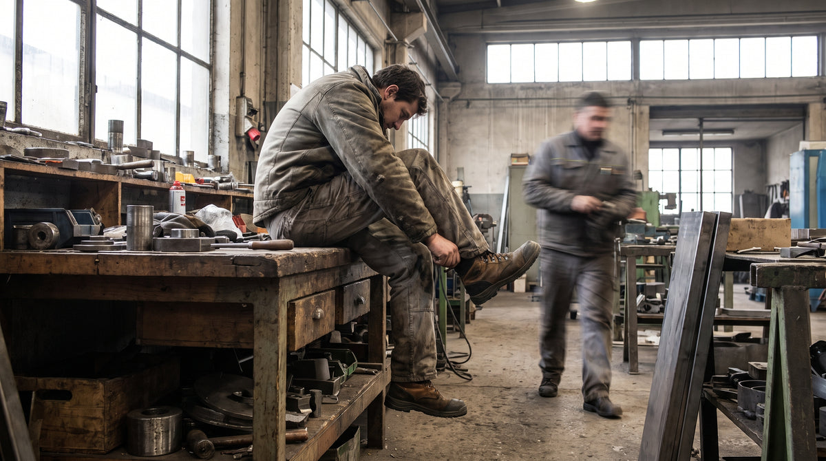 Worker in safety boots sitting on a workshop bench pulling on a boot