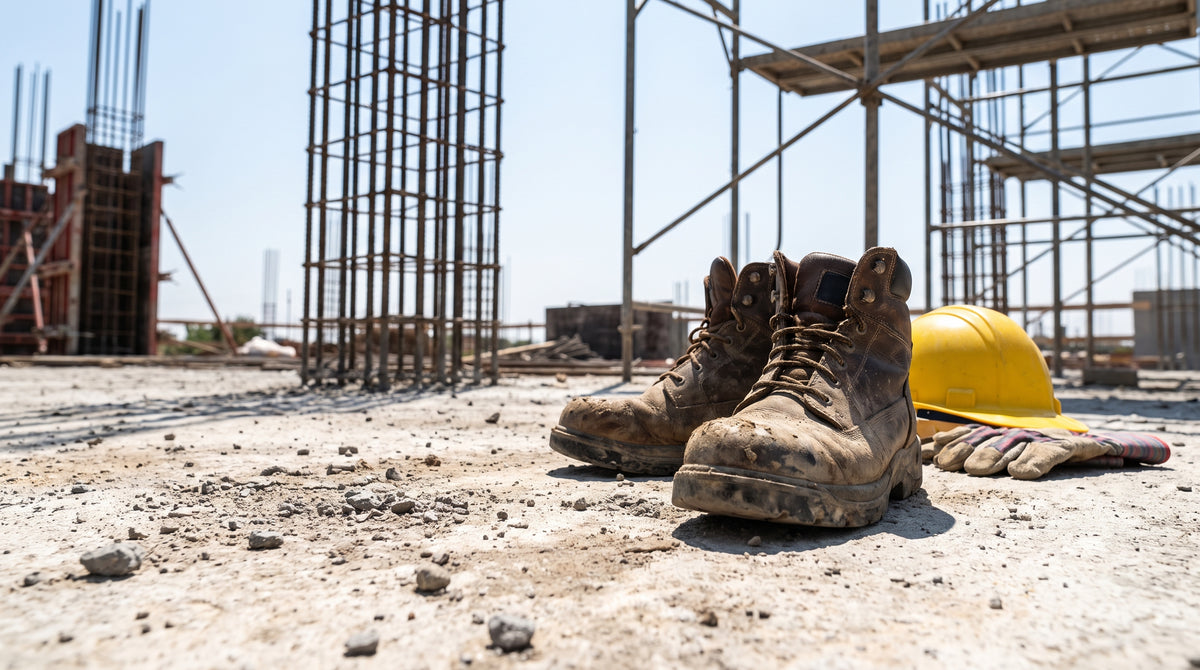 Muddy construction work boots on concrete slab at active building site with scaffold and hard hat