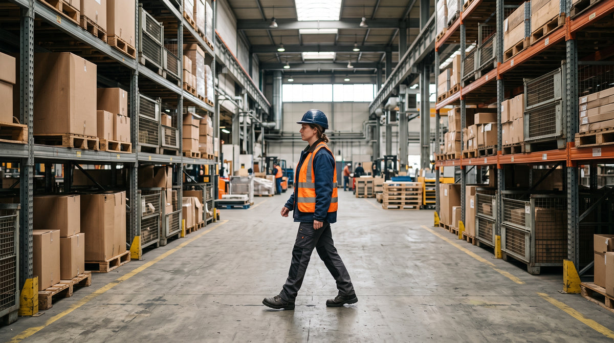 Worker in steel-toe boots walking across a warehouse floor