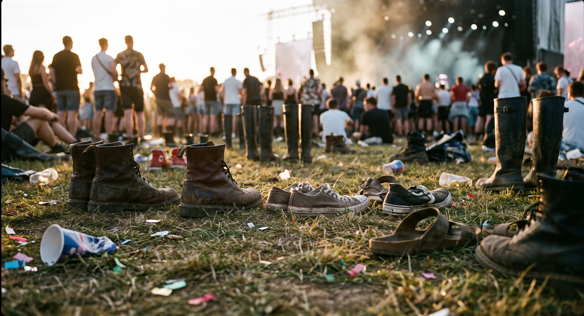 Ground-level shot at outdoor music festival — dense crowd of feet on trampled grass and dirt, stage lights and smoke in the distance at golden hour