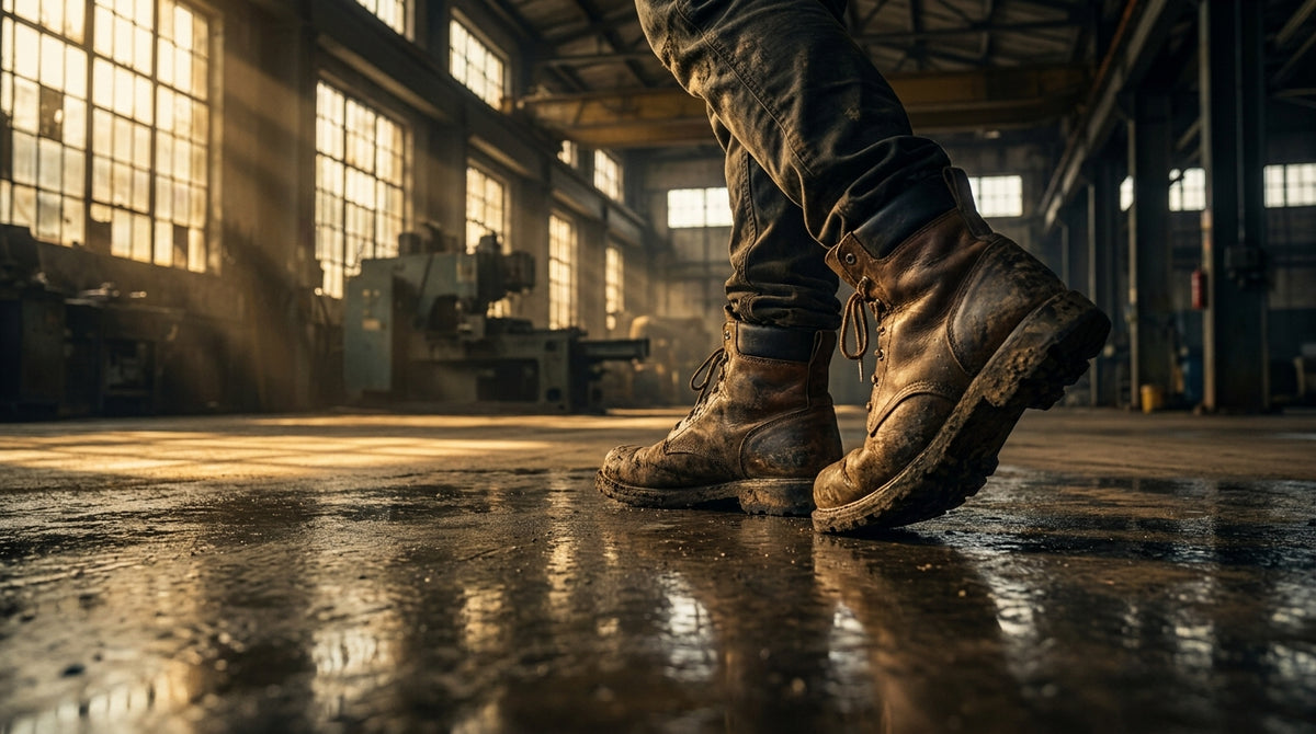 Steel-toe work boot cut open revealing KANEEA insole inside showing arch support and cushioning layers