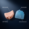 KANEEA bunion relief pad features: honeycomb silicone cushion, non-slip grip, washable, fits all shoes