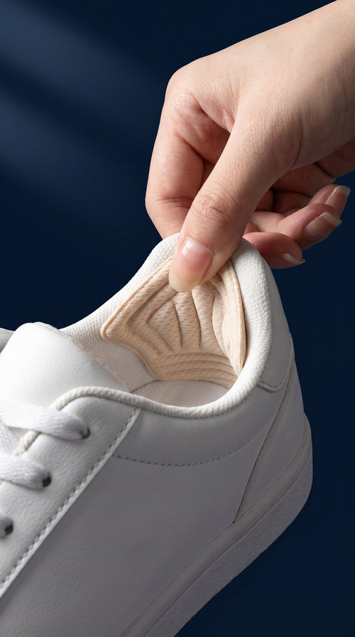 Hand inserting KANEEA beige heel grip pad into white sneaker to stop heel slipping