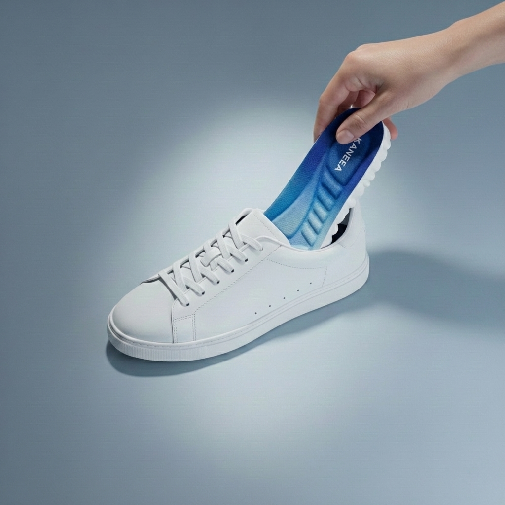 KANEEA insole fitted inside a work shoe for all-day standing comfort