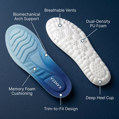KANEEA insoles feature diagram showing biomechanical 
arch support, breathable vents, dual-density PU foam, 
deep heel cup, memory foam cushioning, and trim-to-fit design